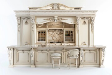 Elegant traditional kitchen and bar space with marble countertops and ornate details, on isolated white background, Generative AI