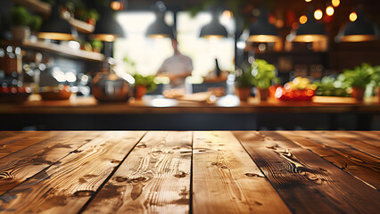 Empty wooden table with chef cooking in restaurant kitchen background.