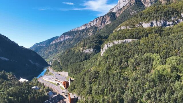 Fly over the elaborate engineered entry to Pyrenees tunnels CanFranc Spain