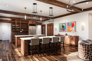 Family-friendly kitchen and bar area designed for entertaining, with ample seating and kid-friendly features, on isolated white background, Generative AI