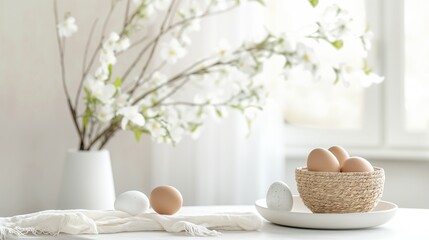 Fototapeta na wymiar Easter table decor with eggs and spring branches with simple elements