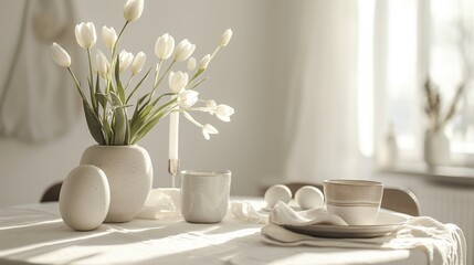 Fototapeta premium Easter simple table decor with eggs and fresh spring white flowers tulips. Happy Easter day