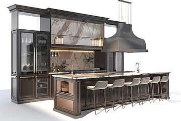 Luxury chef's kitchen with a marble-topped bar and professional-grade appliances, on isolated white background, Generative AI