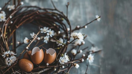 Easter brown eggs and shells in a nest and spring white flowers on a gray background, a symbol of new life, goodness and peace
