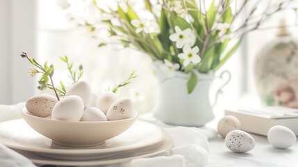 White light Easter table decor with Easter eggs and spring flowers on vase
