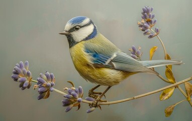 Obraz premium Blue Tit Bird on Lavender Twig in Focus