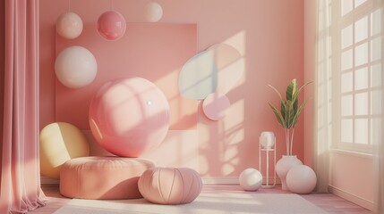 Spherical shapes in pastel shades forming an abstract art installation on a bedroom wall