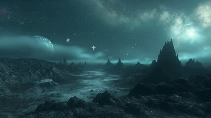 Starry night sky over a vast, mysterious alien landscape.