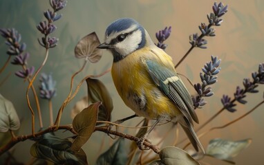 Blue Tit Bird Elegant on Lavender Stem