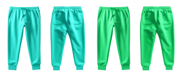 2 Set of turquoise blue green, front back view sweatpants jogger sports trousers bottom pants on transparent background, PNG file. Mockup template for artwork design	
