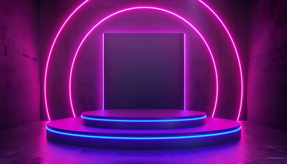 podium for product presentation scene in futuristic neon light studio
