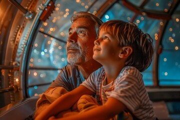 Senior Man and Young Boy Marveling Together Indoors with Ambient Lights