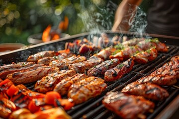 Naklejka premium Summer Barbecue Party with Friends - Delicious Grilled Meat and Vegetables on a Warm Evening