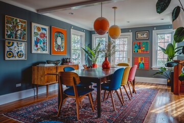 Eclectic Dining Room with Vibrant Art and Mid-Century Charm