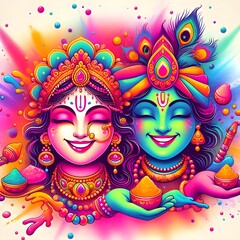 Happy smiling face Radha and Krishna Colorful powder explosion for Holi festival celebration - obrazy, fototapety, plakaty