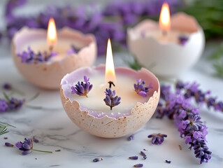 Three lavender eggshell candles on a marble table, with vivid purple flowers and soft lighting, Spa and wellnes relax concept - obrazy, fototapety, plakaty