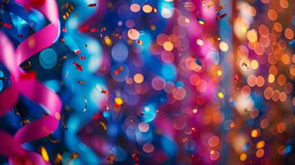Festive streamers and confetti float in the air against a backdrop of colorful bokeh lights, creating a vibrant celebration atmosphere.