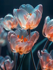 a digital photo of cinematic realism tulip, Muted glow opal white color margarite, iridescent opalescent colours, dark background
