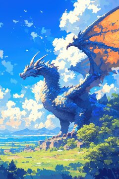 dragon in blue sky background in pixel art style.