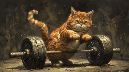 A cat with dumbbell