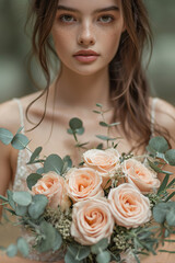 Bride with a bouquet of delicate pastel flowers. AI Generated.