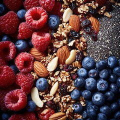 Close-up of mixed berries, nuts, and seeds. AI Generated. - 752705099