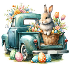 Young rabbit in a basket on the back of a vintage teal pickup truck with Easter eggs and spring tulip