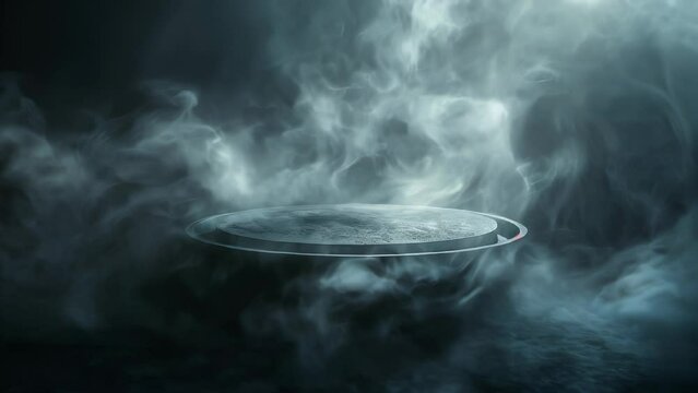 A black podium with smoke rising against a gray background, creating a fantastical and mystical atmosphere.
