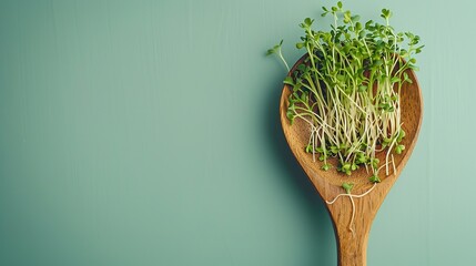 Young sprouts of microgreens on on a wooden spoon against a green backdrop with a big space for text or product, Generative AI.