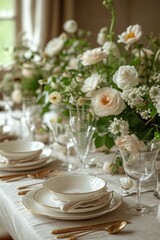 Elegant floral table setting with vintage dishes. AI Generated.