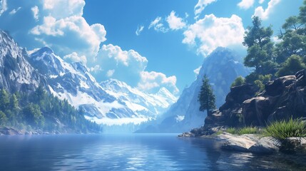 Steep cliffs and serene waters harmonizing under a flawless blue sky in the heart of the mountains.