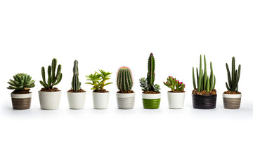 Hyper-realistic photograph, set of various indoor cacti and succulent plants in pots, on white background, solid stark white background.[A-0008]