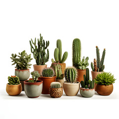 Hyper-realistic photograph, set of various indoor cacti and succulent plants in pots, on white background, solid stark white background.[A-0007]
