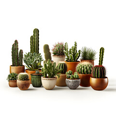 Hyper-realistic photograph, set of various indoor cacti and succulent plants in pots, on white background, solid stark white background.[A-0004]