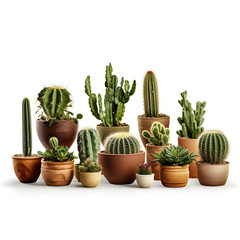 Hyper-realistic photograph, set of various indoor cacti and succulent plants in pots, on white background, solid stark white background.[A-0005]