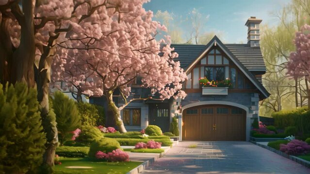 japanese house in spring. 4k video animation