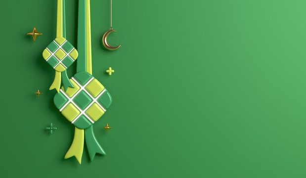Islamic decoration background with ketupat, crescent, cartoon style, ramadan kareem, eid al fitr, copy space text area, 3D illustration.