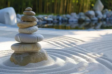 Fototapeten Stacked stones on raked sand, zen garden. AI Generated. © Mariana