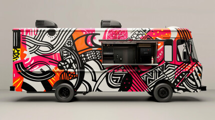 A food truck adorned with bold and eyecatching graphics featuring a menu of fusion cuisine that merges different culinary traditions and flavors.