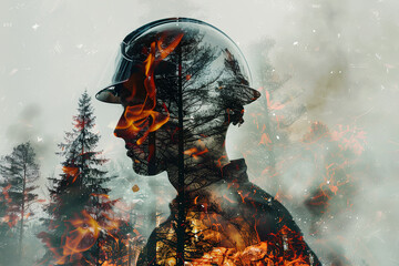 double exposure of firefighter and burning forest - obrazy, fototapety, plakaty