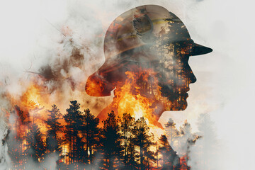 double exposure of firefighter and burning forest