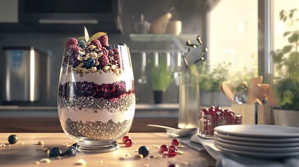 Chia pudding with berries and nuts. AI Generated. - obrazy, fototapety, plakaty