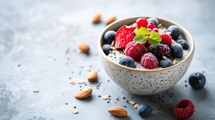 Chia pudding with berries and nuts. AI Generated. - obrazy, fototapety, plakaty