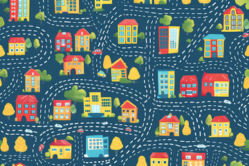 kids carpet with roads and city buildings background