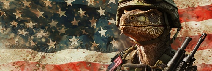 Future military USA Dinosaur Soldier army, Idenpendece day 4 july, american flag background
