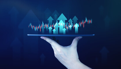 Report growing and increasing profits. Shows a rising arrow on dark background. concepts of...