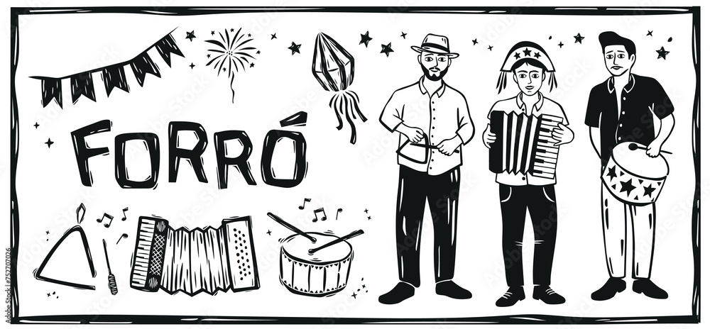 Wall mural forró band playing with their musical instruments. june celebration. woodcut illustration in cordel 