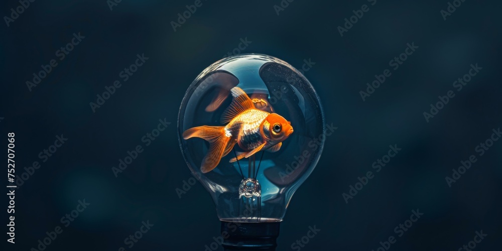 Poster a goldfish inside a light bulb on a dark background. generative ai.