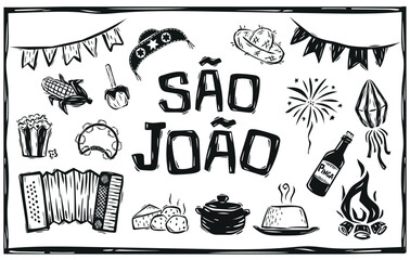 Festa Junina hand-drawn isolated elements. Typical Brazilian party. Woodcut style and cordel literature - obrazy, fototapety, plakaty
