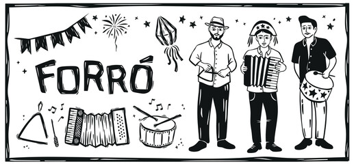 Forró band playing with their musical instruments. June celebration. Woodcut illustration in cordel style